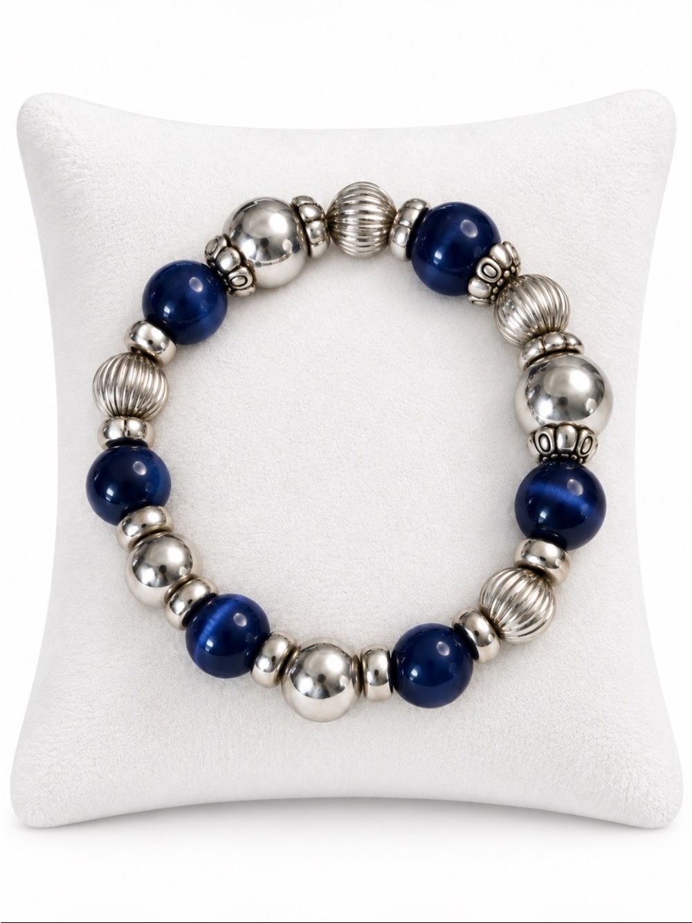 Navy Blue & Silver Beaded Stretch Bracelet
